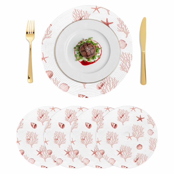 Ocean Red Coral Round 15 Inch Placemats Set of 4, Summer Coastal Starfish Conch Nautical HeatResistant Non Slip Place Mats for Dining Table, Wipeable Braided Kitchen Table Mats for Housewarming