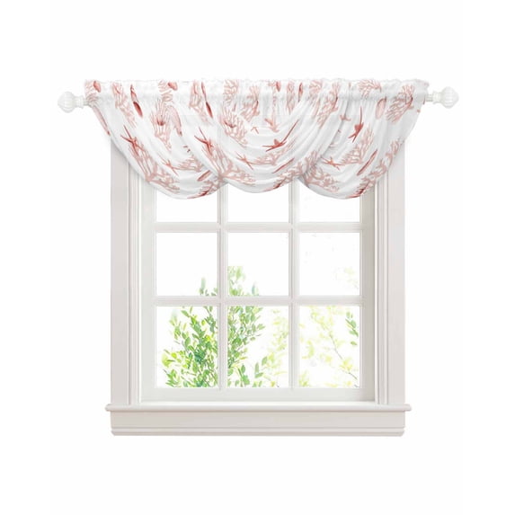 Ocean Red Coral Sheer Waterfall Valance Curtains for Window, Summer Coastal Starfish Conch Nautical Rod Pocket Sheer Topper Swag Curtains for Living Room, Kitchen 38.5"W x 47.2"L, 3 Panels
