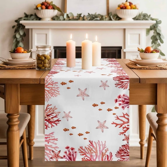 Ocean Red Coral Table Runner, Summer Nautical Sea Watercolor Fish Starfish Cotton Linen Kitchen Table Decoration Washable Dining Tabletop Runners for Home Party Decor 13x120 Inches