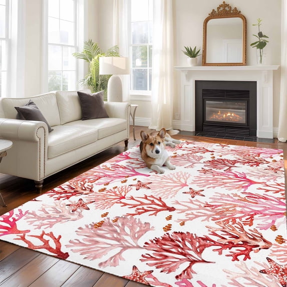 Ocean Red Corals Large Area Rugs 6x9 ft Summer Nautical Watercolor Sea Starfish Fish Washable Rug Non Slip Indoor Carpet Absorbent Floor Mat for Living Room Bedroom Dining Room