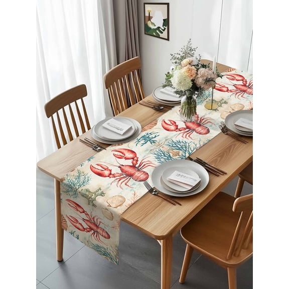 Ocean Red Lobster Shell Coral on Retro Table Runner 13x70in Non-Slip Cotton Linen Table Runners, Underwater World Dresser Scarves TableRunner for Dinner Kitchen Dining Wedding Party