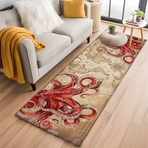 Ocean Red Octopus 2'x6' Runner Rugs for Hallway Kitchen Bedside Non Slip, Coastal Anchor Sea Boat Retro World Map Entryway Rug Runners with Rubber Backing, Long Carpet Runner for Laundry Room