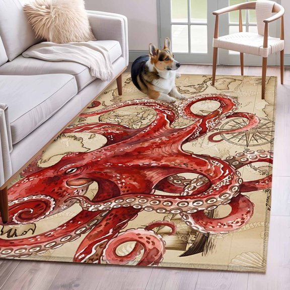 Ocean Red Octopus Area Rugs 4x6 ft Summer Nautical Vintage Sea Boat Seashell Washable Rug Non Slip Indoor Carpet Absorbent Floor Mat for Living Room Bedroom Dining Room