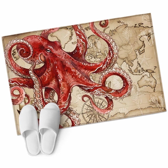 Ocean Red Octopus Bathroom Rug Washable 2x3 Entryway Rug Non Slip Coastal Anchor Sea Boat Retro World Map Front Door Mat Low Pile Indoor Doormat Throw Floor Carpet for Kitchen Bedroom Entrance