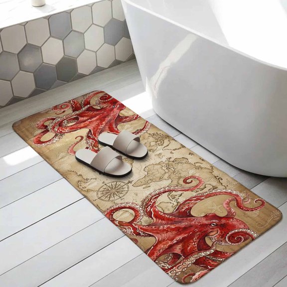 Ocean Red Octopus Bathroom Runner Rugs Non Slip Washable Absorbent Narrow Long Bath Mat Coastal Anchor Sea Boat Retro World Map Runner Rugs for Kitchen Hallway Bedroom Laundry Study Room 15.7"x47.2"