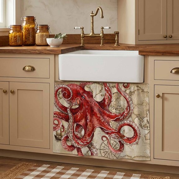 Ocean Red Octopus Cabinet Curtains 28"W x 35L, Coastal Anchor Sea Boat Retro World Map Under Sink Skirt for Bathroom Vanity Kitchen Self Adhesive, Dust-Proof Privacy Curtain for Closet Shelves