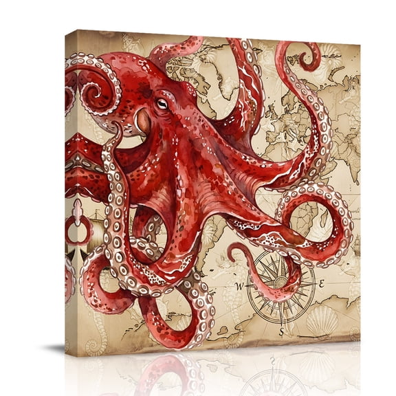 Ocean Red Octopus Canvas Wall Art for Living Room, Summer Nautical Vintage Sea Boat Seashell Poster Print Painting for Bedroom Office Home Decoration Wall Pictures Prepare To Hang 8"x8"