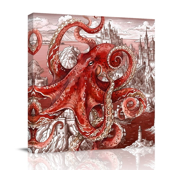 Ocean Red Octopus Canvas Wall Art for Living Room, Summer Nautical Vintage Sea Ships Castle Cloud Poster Print Painting for Bedroom Office Home Decoration Wall Pictures Prepare To Hang 8"x8"