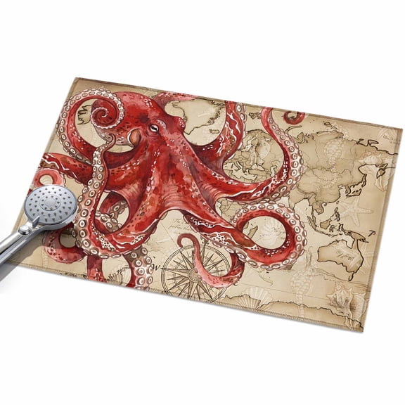 Ocean Red Octopus Entryway Rug 2x3ft Washable Non Slip Bathroom Rug Indoor Floor Front Door Mat Coastal Anchor Sea Boat Retro World Map Rectangle Area Rugs Carpet for Kitchen Office Dining Room Home