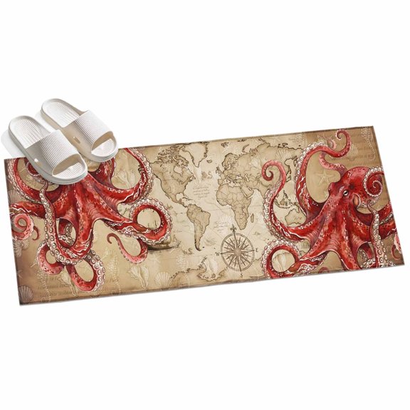 Ocean Red Octopus Hallway Runner Rug 2x6 Washable Non Slip Kitchen Runner Rug for Bedside Bathroom Coastal Anchor Sea Boat Retro World Map Indoor Floor Carpet Area Rugs for Living Room Bedroom Office
