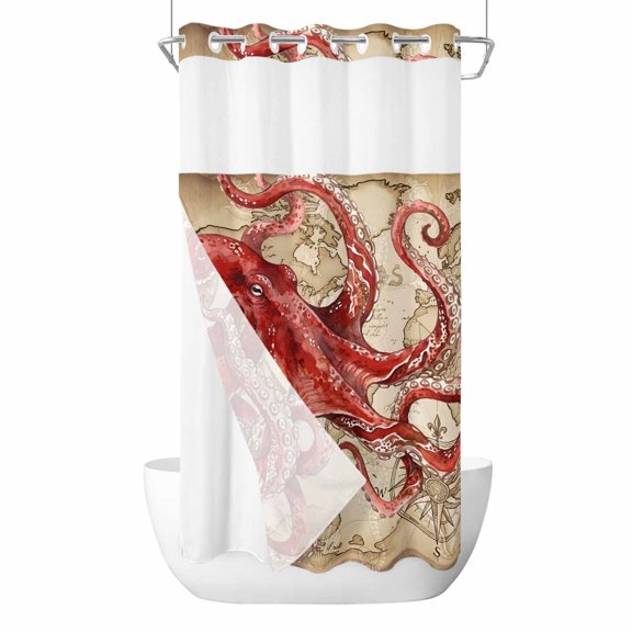 Ocean Red Octopus No Hook Shower Curtain with Snap in Liner, Waterproof Fabric Shower Curtains, Coastal Anchor Sea Boat Retro World Map Shower Curtain Set Top See Through for Bathroom 36"x78"