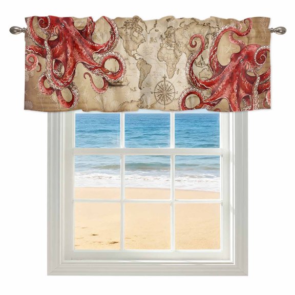 Ocean Red Octopus Kitchen Valances for Windows 54x18 Inch Kitchen Curtains Valances Rod Pocket Coastal Anchor Sea Boat Retro World Map Bathroom Window Valances for Window Treatment Decor