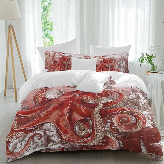 Ocean Red Octopus Queen Size Comforter Set, Summer Nautical Vintage Sea Ships Castle Cloud Bedding for All Seasons, 4 Pcs Bed Set, 1Quiltcover (90"x92") ,1Sheet(94"x116"), 2Pillowcases (30"x20")