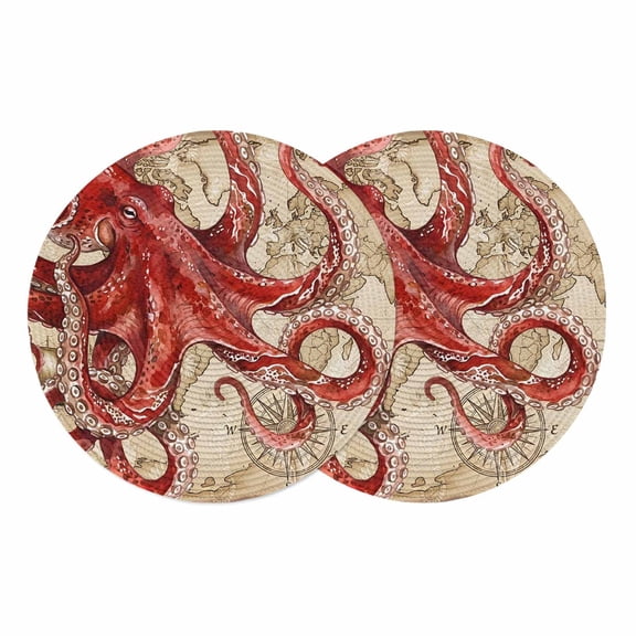 Ocean Red Octopus Round 13 Inch Placemats Set of 2, Coastal Anchor Sea Boat Retro World Map HeatResistant Non Slip Place Mats for Dining Table, Wipeable Braided Kitchen Table Mats for Housewarming