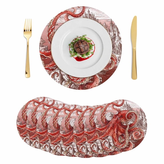 Ocean Red Octopus Round 13 Inch Placemats Set of 8, Nautical Castle Coastal Lighthouse HeatResistant Non Slip Place Mats for Dining Table, Wipeable Braided Kitchen Table Mats for Housewarming