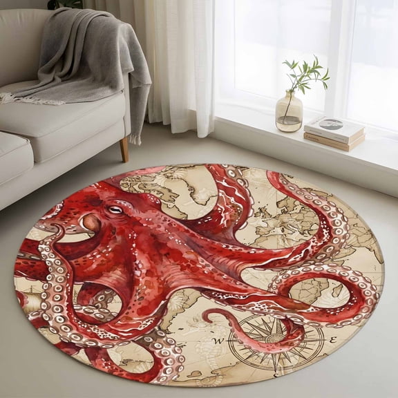 Ocean Red Octopus Round Area Rug 3Ft Washable Small Circle Rugs for Kitchen Entryway, Coastal Anchor Sea Boat Retro World Map Non-Slip Carpet Floor Mats Indoor Outdoor Carpet Runner Home Decor