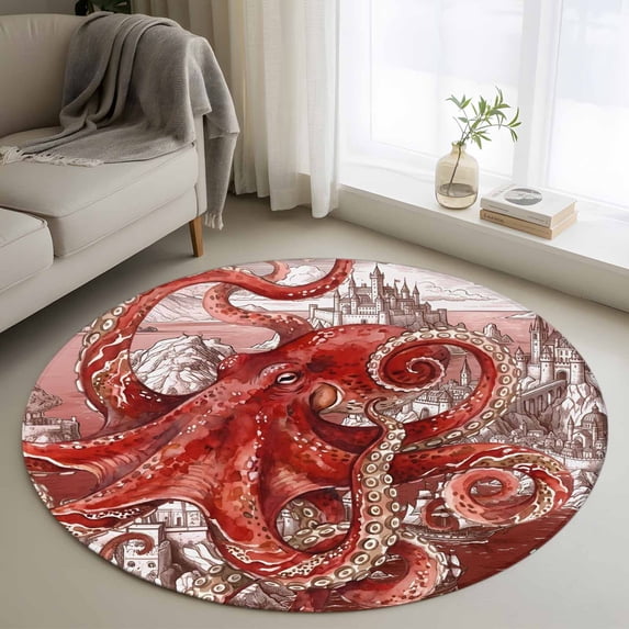 Ocean Red Octopus Round Area Rug 3Ft Washable Small Circle Rugs for Kitchen Entryway, Nautical Castle Coastal Lighthouse Non-Slip Carpet Floor Mats Indoor Outdoor Carpet Runner Aesthetic Home Decor