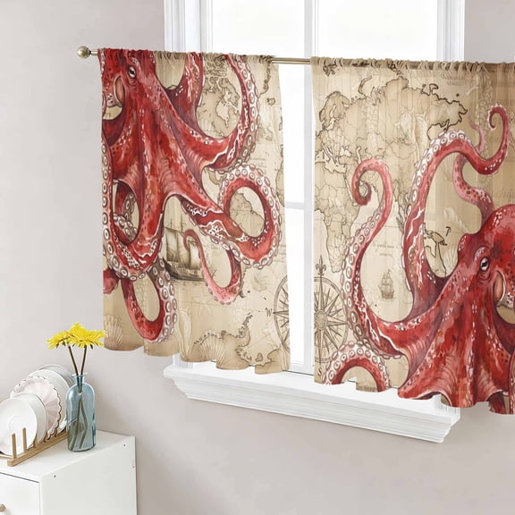Ocean Red Octopus Sheer Curtains 54 Inch Length 2 Panels Set, Coastal Anchor Sea Boat Retro World Map Voile Window Treatment Rod Pocket Short Kitchen Curtains Drapes for Bedroom 52"x54"x2