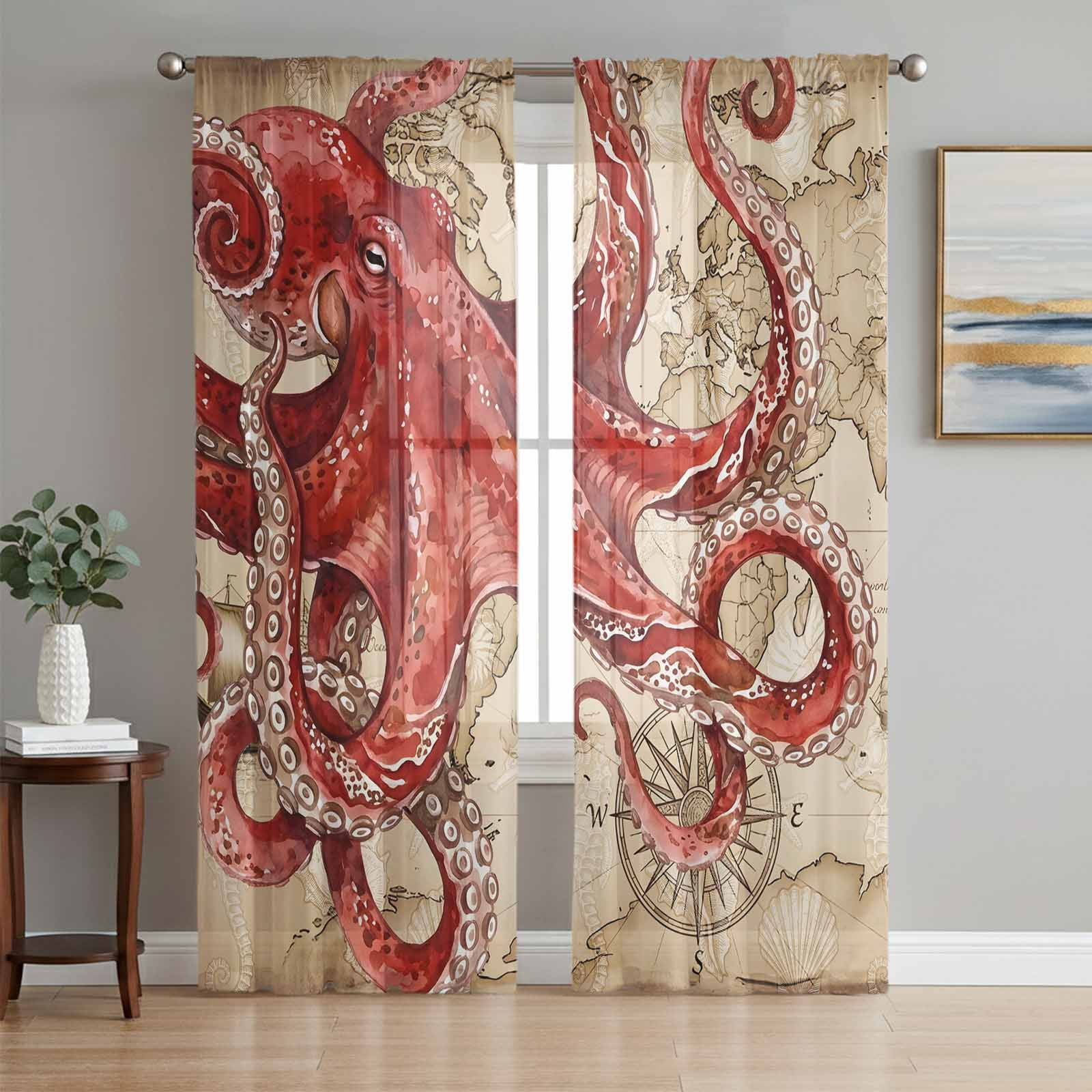 Ocean Red Octopus Sheer Curtains 96 Inch Length 2 Panels Set, Coastal ...