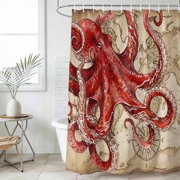 Ocean Red Octopus Small Stall Shower Curtain, Waterproof Shower Curtains for Bathroom, Coastal Anchor Sea Boat Retro World Map Washable Fabric Cloth Bath Curtain for Bathtub with Hooks 36x72 Inches