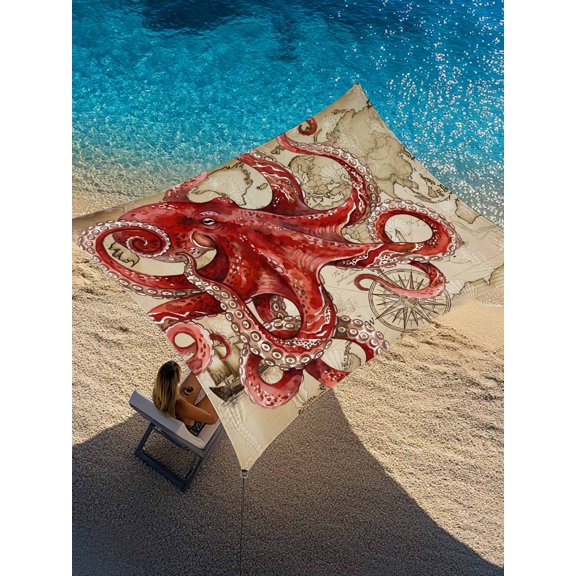 Ocean Red Octopus Sun Shade Sail 8' x 10', Summer Nautical Vintage Sea Boat Seashell Rectangle Outdoor Sunshade Canopy, Waterproof UV Block Patio Covers for Garden Yard Beach