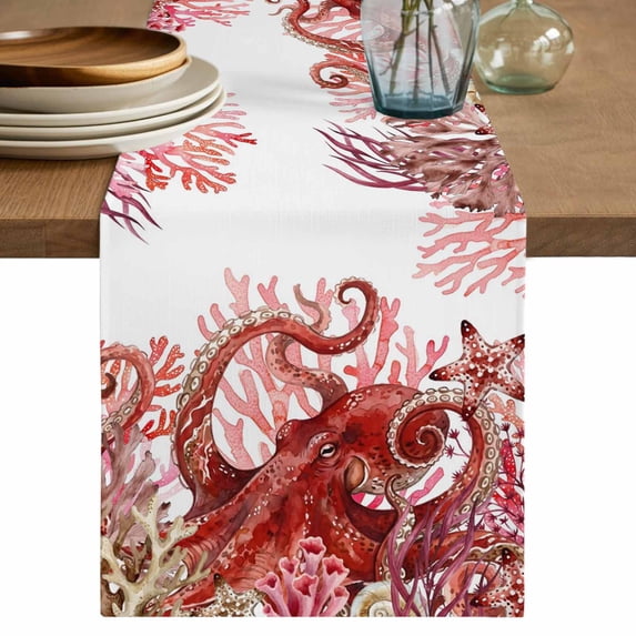 Ocean Red Octopus Table Runner 48 Inches, Coastal Coral Beach Nautical Starfish Bed Runner Dresser Scarves Tabletop for Indoor Outdoor Parties/Ceremony/Banquet, 13" x 48"