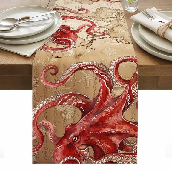 Ocean Red Octopus Table Runner Coastal Anchor Sea Boat Retro World Map Tablerunners 13 x 36 Inch, Table Decorations Tabletop Scarf for Summer Gathering Holiday Farmhouse Kitchen Dining Decor