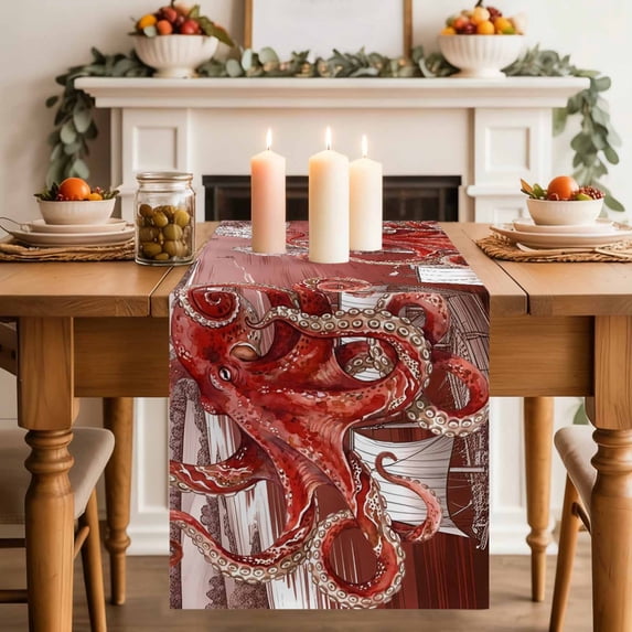 Ocean Red Octopus Table Runner, Summer Nautical Vintage Sea Ships Castle Cloud Cotton Linen Kitchen Table Decoration Washable Dining Tabletop Runners for Home Party Decor 13x108 Inches
