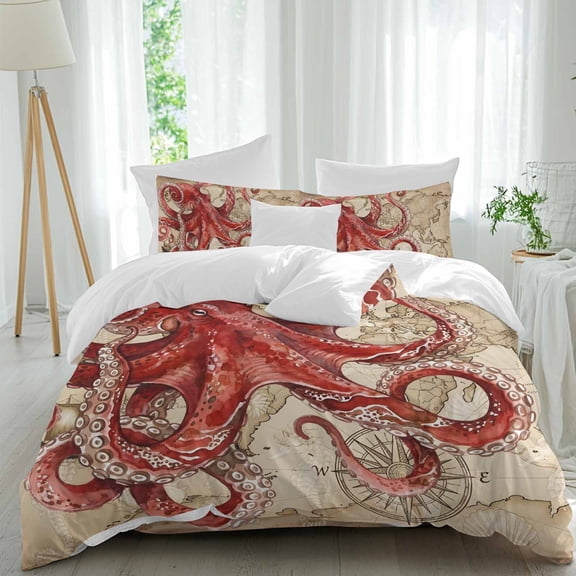 Ocean Red Octopus Twin Size Comforter Set, Summer Nautical Vintage Sea Boat Seashell Bedding for All Seasons, 4 Pcs Bed Set, 1 Quiltcover (68"x86") ,1Sheet(67"x116"), 2Pillowcases (30"x20")