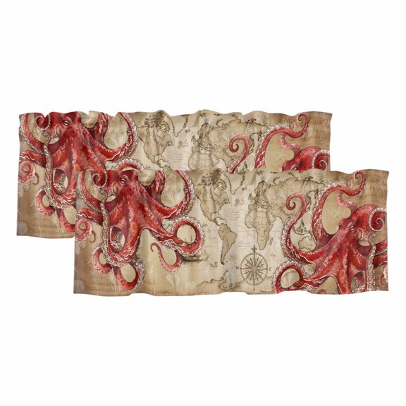 Ocean Red Octopus Valances for Windows, Decorative Rod Pocket Window Valance Curtains, Coastal Anchor Sea Boat Retro World Map Short Curtain Drapes for Kitchen/Living Room, 2 Panels, 42" W x 12" L