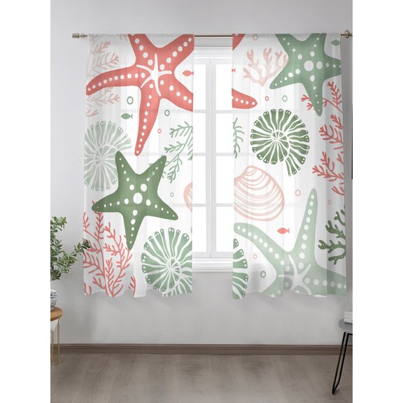 Ocean Red Orange Green Coral Starfish Sheer Curtains 2 Panels Set Summer Sealife on White Lihgt Filtering Rod Pocket Voile Drape,Semi Sheer Window Curtains for Bedroom Living Room,52"x63"