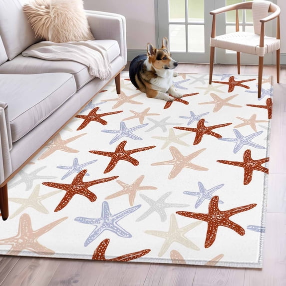 Ocean Red Starfish Area Rugs 2.7'x5', Washable Small Throw Rugs for Kitchen Bedroom, Summer Coastal Beach Indoor Outdoor Rug Non-Slip Low Pile Carpet Runner Reversible Floor Mats