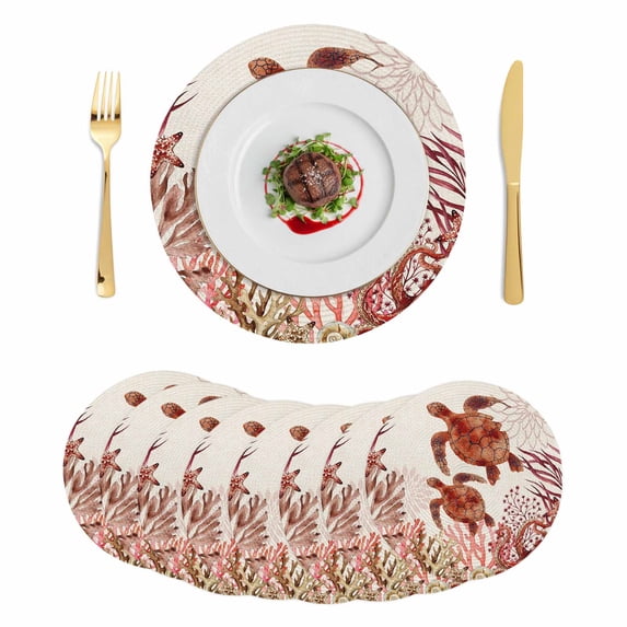 Ocean Red Turtles Round 15 Inch Placemats Set of 8, Coastal Coral Vintage Seagrass Flowers HeatResistant Non Slip Place Mats for Dining Table, Wipeable Braided Kitchen Table Mats for Housewarming