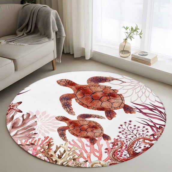 Ocean Red Turtles Round Area Rug 4Ft Washable Circle Rugs for Bedroom Dining Room, Coastal Coral Nautical Seagrass Flowers Non-Slip Carpet Floor Mats Indoor Outdoor Carpet Runner Aesthetic Home Decor