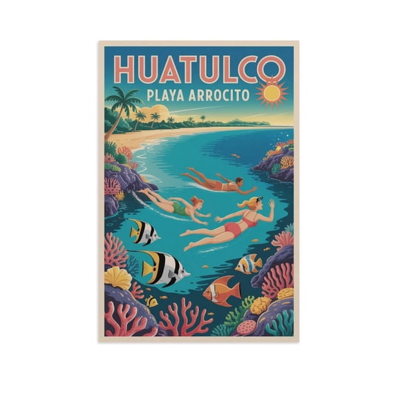 Ocean Reef Wall Art Playa Arrocito Huatulco Mexico Retro Travel Poster Snorkeling Tropical Fish Decor Canvas Poster