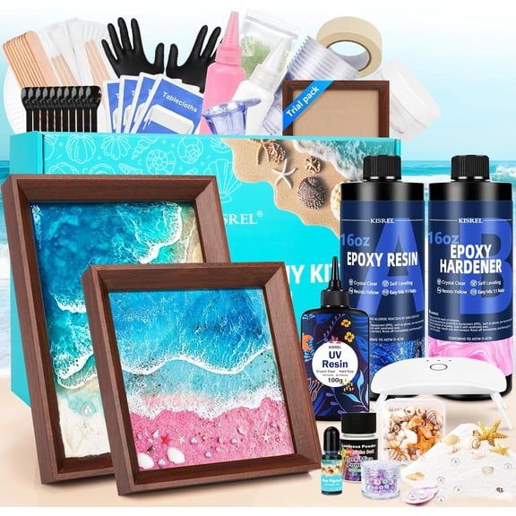 Ocean Resin Art Kit, Clear Epoxy Resin Kit with Frames, Beginner DIY Ocean Painting Full Set of Tools + Tutorials, Great Gift for Craft Lovers, Adult Stress Relief Creative Crafts
