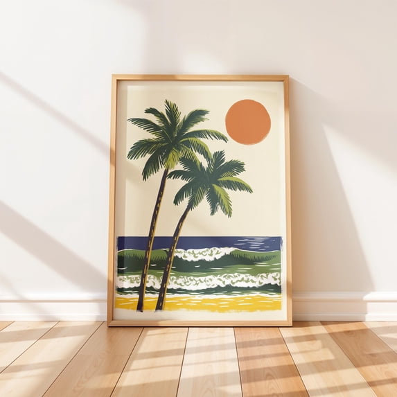 Ocean Retro Coastal Palm Trees Vintage Beachy Scene Warm Colors Poster ...