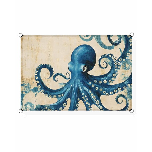 Ocean Retro Octopus Sun Shade Sail 12'X16' Vintage Nautical Watercolor Blue Marine Life UV Block Outdoor Sail Shades Breathable Waterproof Rectangular Sunshade for Patio Garden Pool Pergola Porch