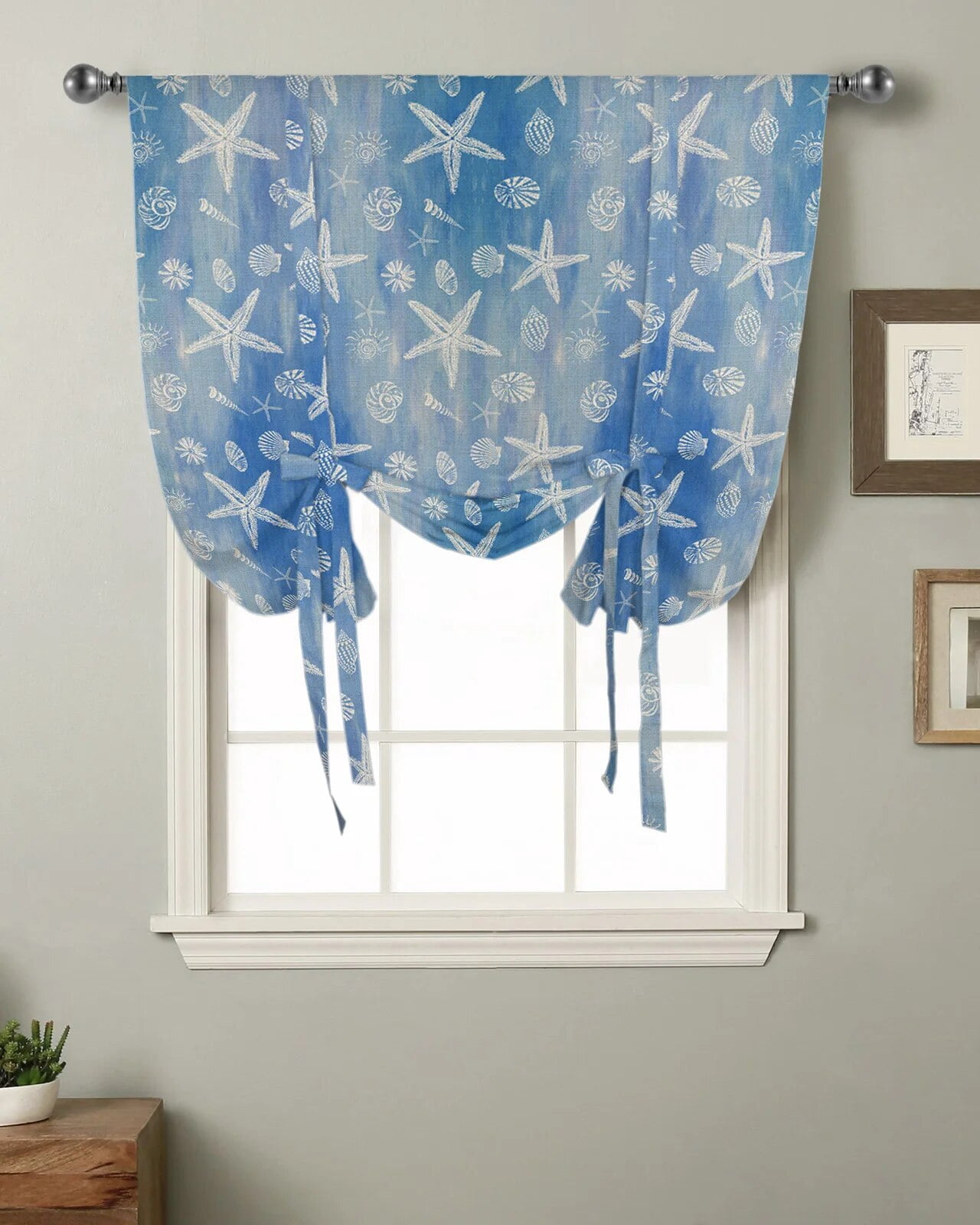Room Window Shell Ocean Retro Star Shell Kitchen Short Window Curtain Rod Pocket Curtains ...