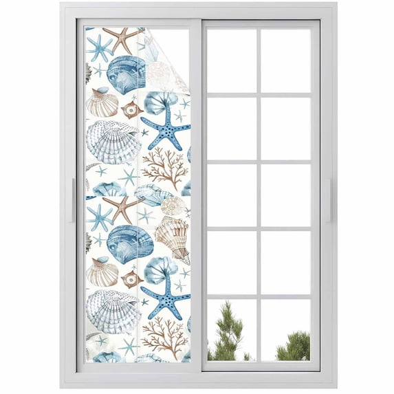 Ocean Retro Window Privacy Film Shell Anchor Starfish Coral Nautical Blue Decorative Glass Window Film UV Blocking Static Cling Non-Adhesive Sticker Covering for Home Door 23.6 x 78.7 inches