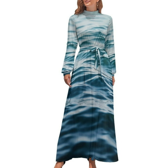 Ocean Ripple Texture Women's Long Dress Long Sleeves Dress Vintage Dresses Party Maxi Dress High Waist Dress