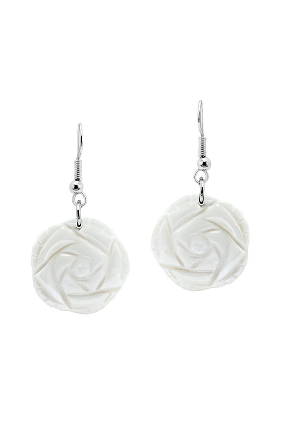 Ocean Rose Carved Mother of Pearl Shell Floral Dangle Earrings