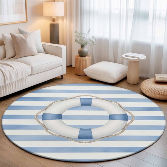 Ocean Round Area Rugs 3 ft, Coastal Nautical Sea Rope Watercolor Blue Stripes Lines Washable Small Area Rug with Non-Slip Sturdy Edge Binding Round Front Door Mat Floor Carpet for Entryway