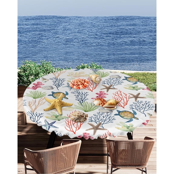 Ocean Round Fitted Table Cover for Dining Tables,Elastic Edged Sea Turtle Tablecloth Coastal Starfish Coral Shell Conch Waterproof Tables Cover Cloths for Cafe/Kitchen Dinner 45-52in