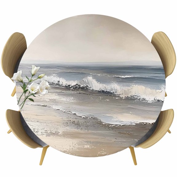 Ocean Round Tablecloth 45-54 Inch Round Fitted Table Cloth with Elastic Edge, Grey Sky Abstract Beach Minimalism Art Waterproof Table Cover Protector for Outdoor Picnic Party Dining