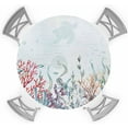 thumbnail image 1 of Ocean Round Tablecloth Fitted with Elastic Outdoor Round Table Cover Waterproof Wipeable for 45"-54" Table, Summer Ocean Theme Starfish Shell Blue Tablecloth, 1 of 6
