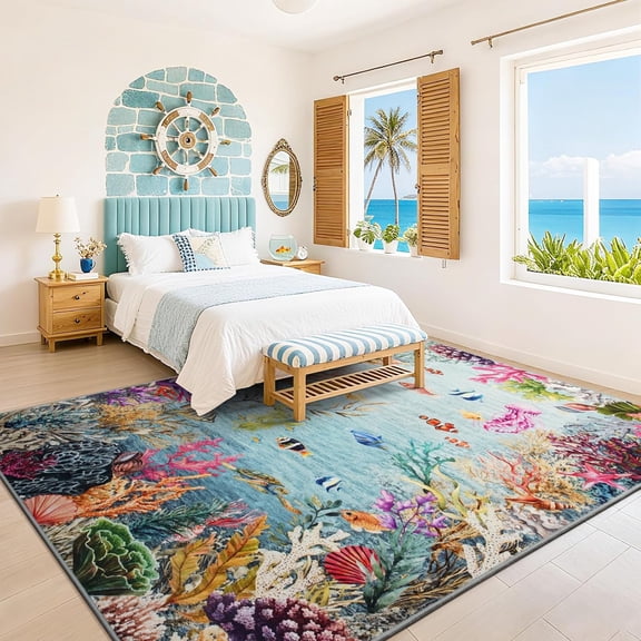 Ocean Rugs 5x7 Washable Rug for Kids Room Non Slip Coastal Rug for Living Room Bedroom Nautical Coral Rugs with Fish Sea Turtles Jellyfish Seahorse Beach Carpet for Nursery Dorm, Gray Blue