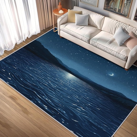 Ocean Rugs for Living Room, Nautical Sailboat Moon Pattern Design Area Rug, Ocean Bedroom Decor Carpet, Non Slip, Washable-2' x 3'