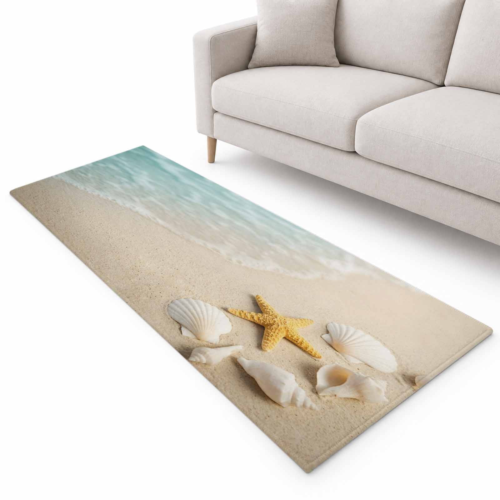 Ocean Runner Rug 2.6'x8', Summer Beach Teal Sea Wave Starfish Seashells ...