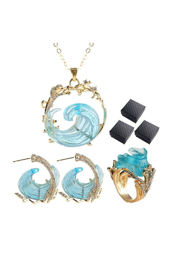 Ocean'S Oath Jewelry Boho Blue Ocean Wave Necklace Earrings Rings Set
